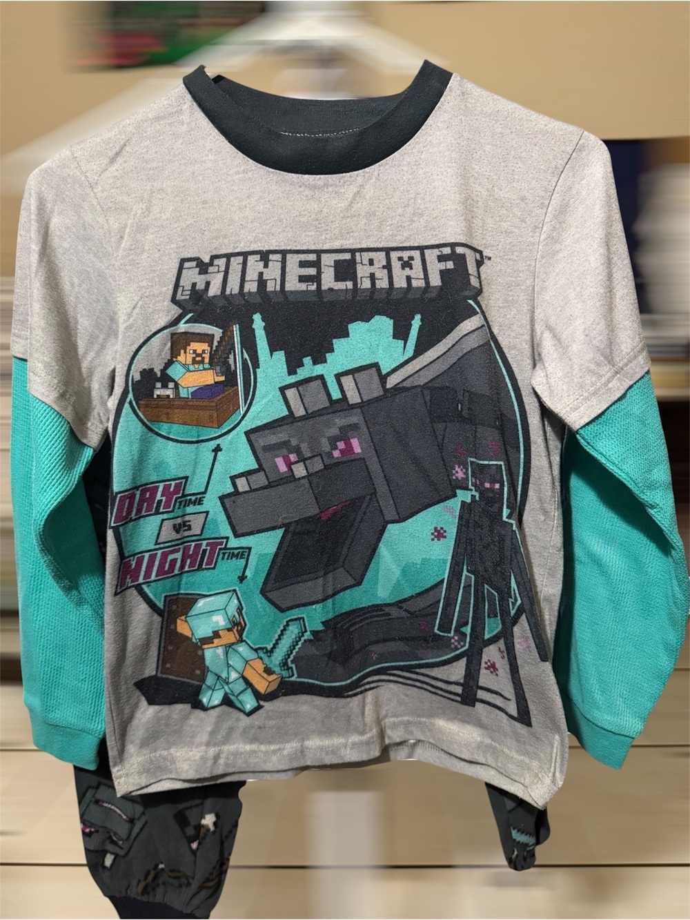 Minecraft Kids' Long Sleeve Graphic Tee - Gray & Teal